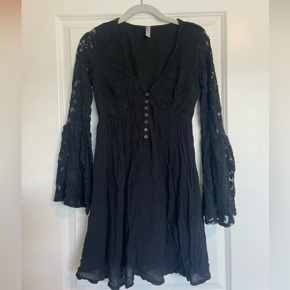 Xhilaration Black Lace V-Neck Bell Sleeve Dress